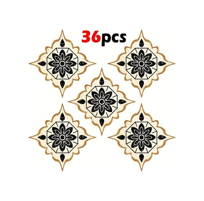 Trendooze Sunshine022 Vintage Çiçek Dekor Seramik Mat Zemin Duvar Çıkartması Siyah+turuncu Siyah - Turuncu