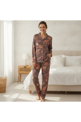 Bonbon Kadın Giyim Önden Düğmeli Baskılı Pijama Takımı Bb2671 Çok Renkli