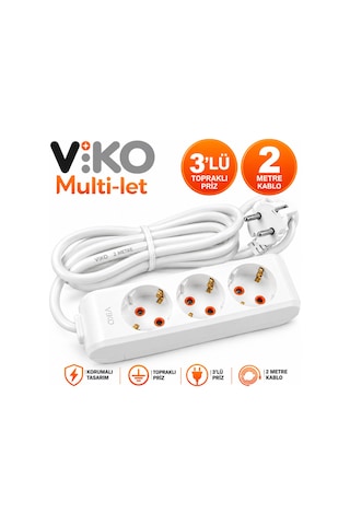 Viko Multi-let 3 Lü Topraklı Korumalı Grup Priz 2 Metre Uzatma Kablolu Beyaz 0 - 2 M