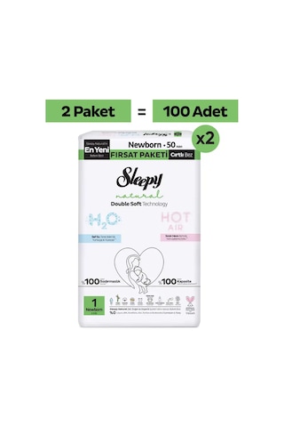 Sleepy Natural Double Soft Ultra Fırsat Paketi Bebek Bezi 1 Numara Newborn 100 Adet