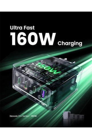 Ontech - Ugreen Nexode Pro 160w Gan Hızlı Şarj Cihazı 100w Kablolu Type-c Qc Pd 3xusb-c 1xusb-a Gri -