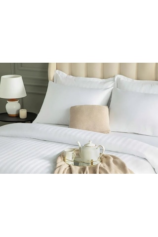 Çift Kişilik Çizgili Pamuk Saten Nevresim 220x230 King Size Mix & Match Otel Serisi Beyaz