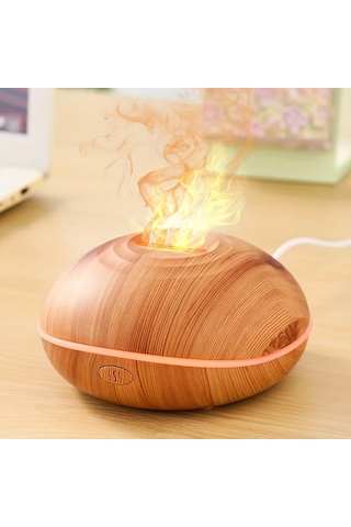 Techbloom Renkli Taklit Alev Aromaterapi Difüzörü Ahşap Desenli Ev Nemlendirici Çatlak Alev Tasarımı Ahşap