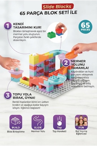 Slide Blocks 65 Parça Parkuru Top Kaydırağı Ve Blok Birleştirme Eğitici Beceri Geliştirme Seti