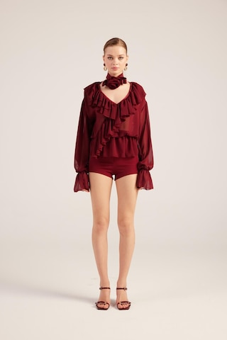 Holly Lolly Fırfırlı Güllü Choker Aksesuarlı Şifon Sassy Gömlek Bordo