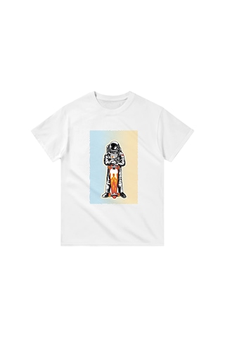 Paybuy Erkek Astronot Kaykay Baskılı Tişört %100 Pamuk Rahat Kesim Kalın Beyaz