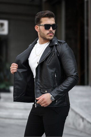 Erkek Çapraz Fermuarlı Deri Ceket Siyah