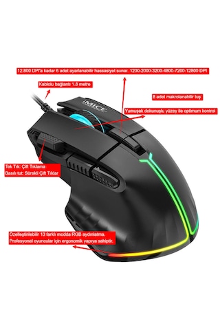 İmce T50 Gaming Mouse, 12800 Dpı, Çift Tıklama Ateş Tuşu, 8 Makrolanabilir Tuşlu, 13 Modlu Rgb 0193