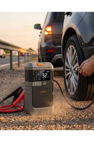 Araç Akü Takviye Powerbank Lastik Şişirme Kompresörü Led Işıklı Çok Fonksiyonlu Acil Durum Cihazı Çok Renkli