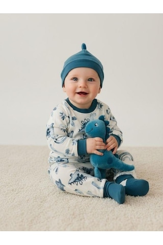 Zekids Erkek Bebek Pamuklu Dinazor Desenli Pijama Takımı-16268 Mavi