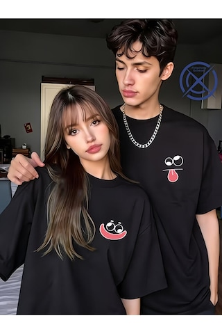 Nevermind Sevgili Kombini Tişört 2 Li Set Unisex Minimal Yüz Baskılı Çift T Siyah
