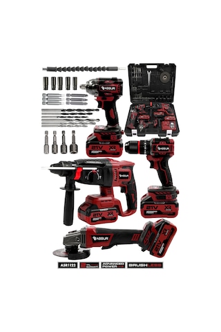 Assur ASR1122 4'lü Set 21V Hilti + Taşlama + Somun Sökme + Matkap Kırmızı