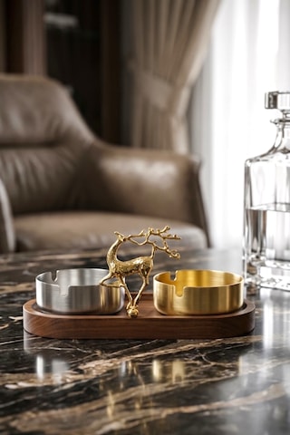 Küllük Ahşap Sunumluk Lüks Geyik Stand Gold-gümüş Metal İkili Dekoratif Küllük Gold