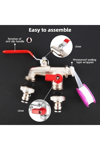 Maoyaya Çift Çıkış Musluğu, 1/2-3/4 İnç Küresel Vana, Ekru Pirinçten Ekru