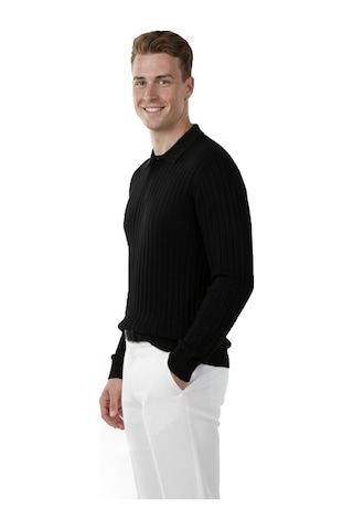 Deepsea Erkek Siyah Polo Yaka Fitilli Triko Kazak %100 Pamuk, Esnek Dokulu, Modern Kalıp 2605305 Siyah