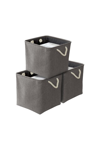 Leezsing Büyük Katlanabilir Kumaş Keten Saklama Kutuları 3'lü Set Raflar, Dolaplar İçin Keten Halat Saplı Katlanabilir Sağlam Dikdörtgen Sepetler Gri Renk