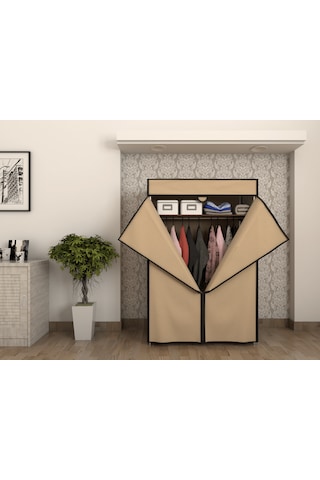 Çelik Borulu Bej Bez Dolap Gardrop Bej
