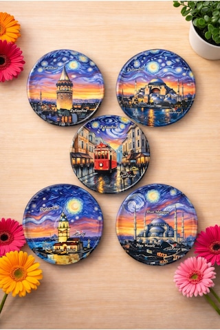 Upeka 5'li İstanbul Temalı Van Gogh Tarz Hediyelik Metal Tabak Magnet Set Kutulu 5cm Adet-5 Adet
