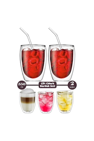 Tilbe Home 2li Çift Cidarlı Cam Bardak 350 Ml Pipetli Çay Kahve Sunum Bardağı Isıya Dayanıklı Kupa B Şeffaf