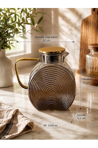 Qerhome Borosilikat Cam Füme Salyangoz Desenli Cam Demlik & Sürahi 2500 Ml