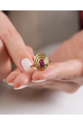 Debora Jewelry 14 Ayar Altın Yuvarlak Model Pembe Taşlı Yüzük