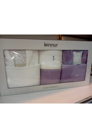 Binnur Line 10 Parça Aile Bornoz Takımı / %100 Pamuk / Aile Seti / Çeyizlik / Günlük / Modern / 1.kalite Beyaz - Lila
