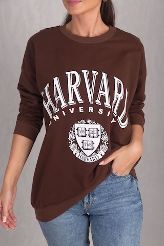 Armonika Kadın Kahve Önü Yazılı Yuvarlak Yaka Oversize Uzun Kol Sweatshirt Arm-24k024005