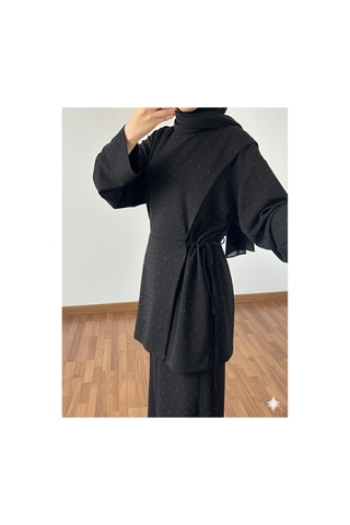 Unika Boutique Siyah Taşlı Tesettür İkili Takım / Modal Kumaş Rahat Kesim