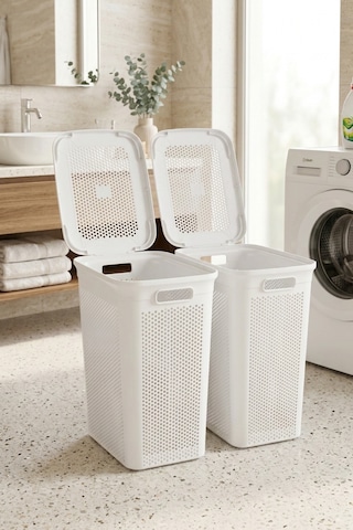 Slim 2'li Kapaklı Dekoratif Kirli Çamaşır Oyuncak Sepeti Çok Amaçlı Sepet 90 Litre - Beyaz