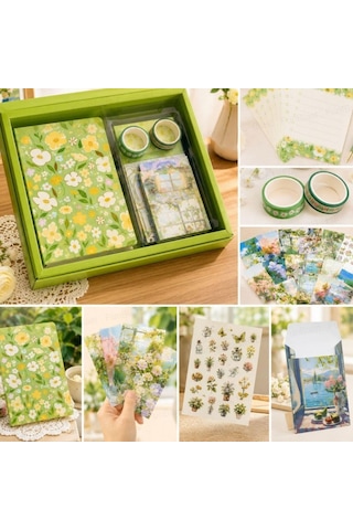 Vintage Çiçek Desenli A6 Günlük Ve Ajanda Hediye Seti - Estetik Scrapbooking Ve Günlük Süsleme Kit Kutusu 116 Parça Yeşil