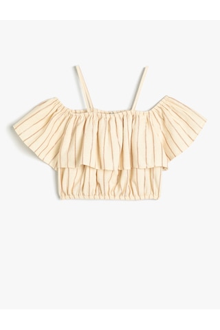 Koton Crop Bluz Düşük Omuz Askılı Kısa Kollu Pamuklu Bej Çizgili 4skg60166aw Ekru
