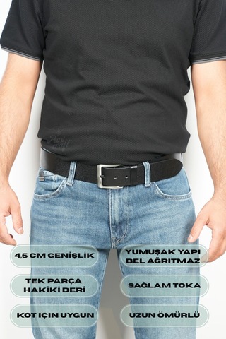 Parscraft Hakiki Manda Derisi Erkek Kemer 4,5 Cm Siyah Kot Pantolon Kemer Siyah