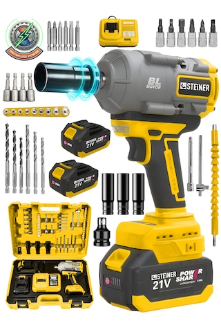 Steiner 21v 1100 Nm Kömürsüz Torklu Çift Akülü 10 Pilli 1/2 Sarı Şarjlı Somun Sıkma Sökme Makinesi + 38 Parça