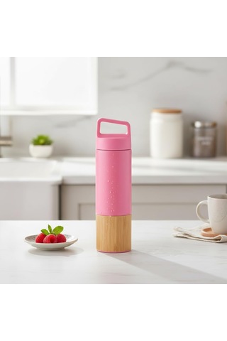 600 Ml Bambu Tabanlı Kulplu Çelik Termos Mug - 5 Renk Seçenekli Sıcak/soğuk Tutucu Seyahat Bardağı Pembe Çok Renkli