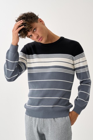 Çizgili Erkek Kazak Gri