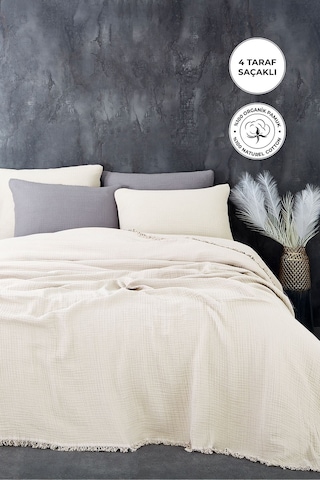%100 Pamuk Müslin Yatak Örtüsü Seti Tek Kişilik 4 Kat Yumuşak Müslin Pike Takımı Battaniye Krem Krem