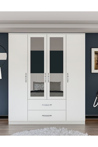 Metalia Gm0035 Esil 4 Kapılı 2 Çekmeceli Aynalı Gardrop Dolap Beyaz