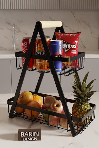 İki Katlı Metal Telli Mutfak Düzenleyici Raf Organizer Meyve, Atıştırmalık, İçecek Ve Sebze Standı Siyah