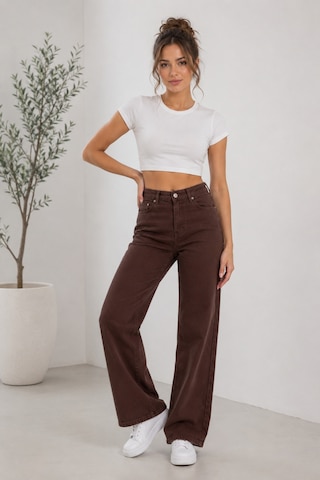 Woddi Nova Kadın Yüksek Bel Kaahverengi Salaş Jeans Wide Leg Geniş Paça Palazzo Kot Pantolon Kahverengi