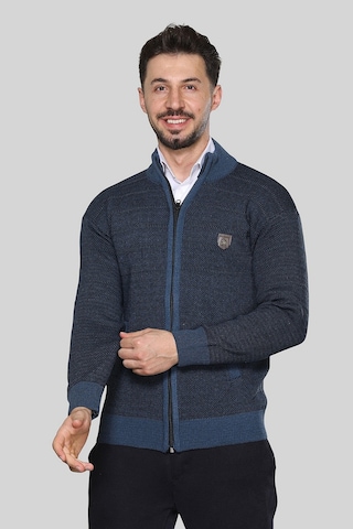 Kzctekstil Erkek Triko Akrilik Kalın Dokulu Klasik Fit Fermuarlı Cepli Kışlık Baba Hırka Mavi