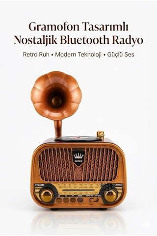 Durukar Gramofon Tasarımlı Nostaljik Bluetooth Radyo Hoparlör Müzik Çalar