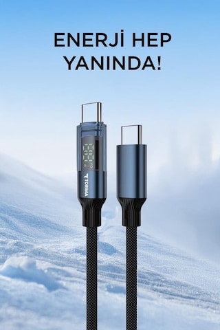Torima U22 Type-c To Type-c 60 W  Led Ekranlı Dayanıklı Örgü Hızlı Şarj Kablosu Siyah