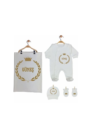 Pia Baby Gl 2007 İsme Özel Taçlı Beşli Tulum Set Krem