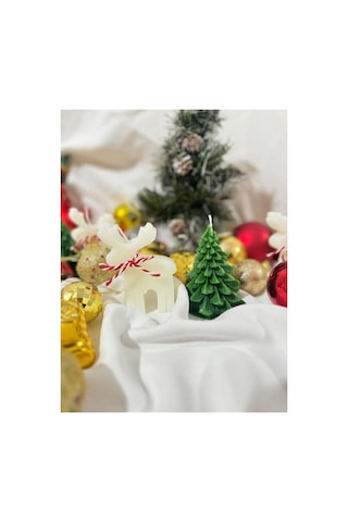 Dekoratif Hediyelik Çam Ağacı Ve Geyik Mum Soywax Yeşil Yılbaşı Hediye Pine Tree Candle Haki