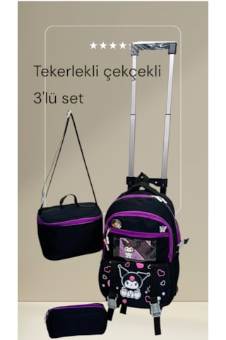 2 Kademeli Çekcekli İkarekter Desenli 3'lü Set İlkokul Çantası