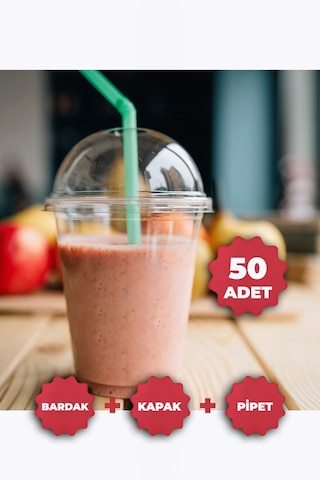 Plastik Milkshake Bardağı Kapak Pipet 12 Oz 350 Cc - 50 Adet