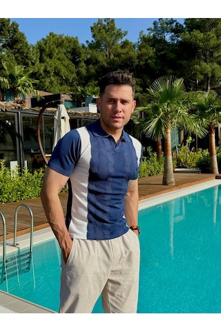 Erkek Polo Yaka Tişört Beyaz Çizgili Lacivert Beyaz  - Lacivert