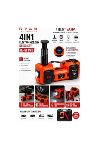 5 Ton Hidrolik Araç Krikosu 12v 4in1 Elektrikli Kriko Seti Hava Kompresörü Bijon Sökme Anahtarı Lastik Değiştirme Led Rj-5t Pro