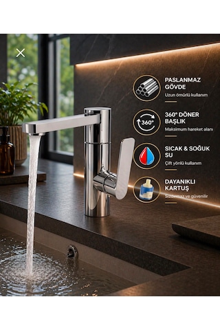 Eshom Lüx Premium Silva 360 Döner Borulu Banyo Lavabo Bataryası Çeşmesi Musluğu Krom