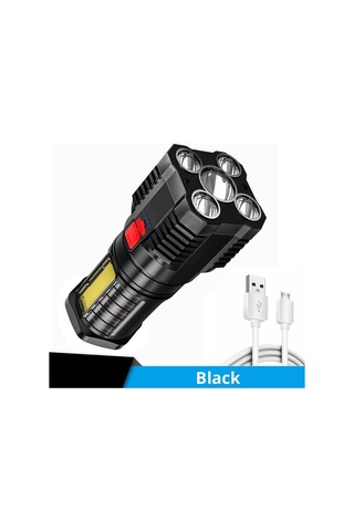 Siyah Cob Yan Işıkları İle 5 Led El Feneri, Usb Şarj Edilebilir El Feneri 4 Mod Meşale Açık Kamp Balıkçılık İçin Taşınabilir Çalışma Işığı Siyah